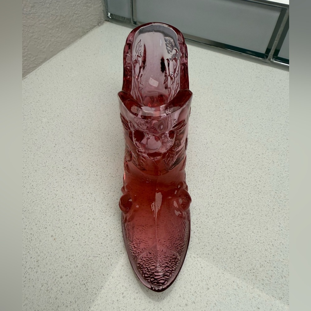 Vintage Fenton Pink Glass Slipper Cabbage Rose Shoe Boot MCM Mid-Century Modern - Picture 6 of 15